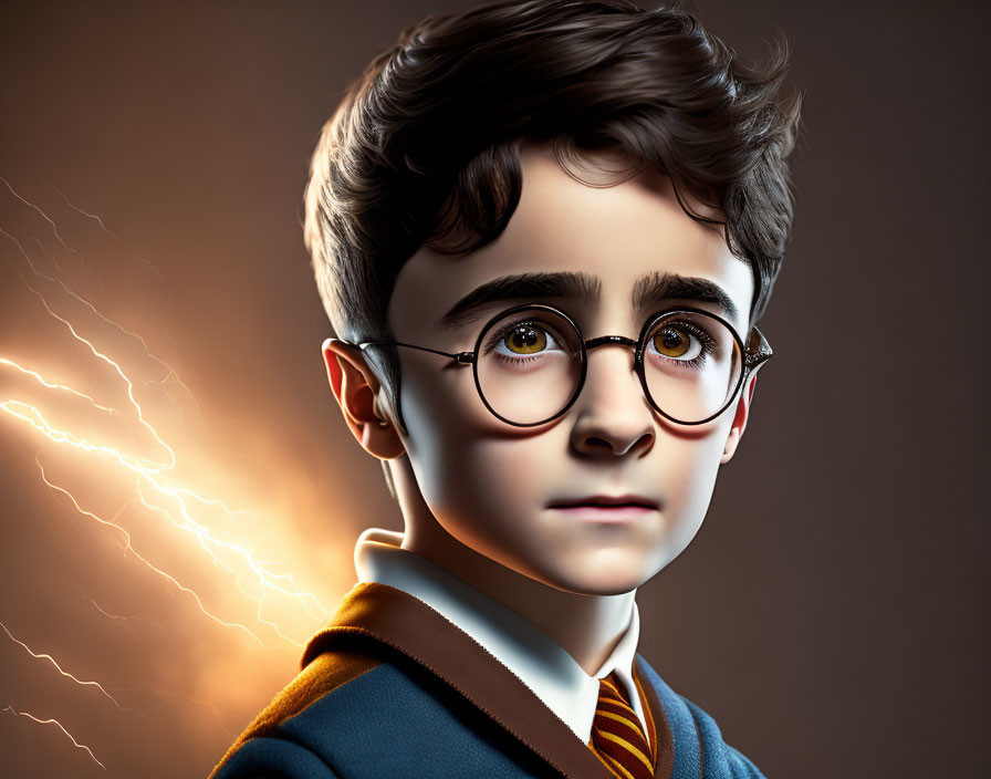 Young wizard boy with glasses and lightning scar in school uniform against lightning bolt backdrop.