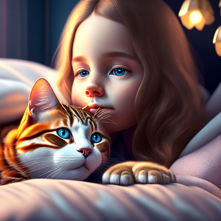 Illustrated girl with blue eyes cuddling cat on bed in moody lighting