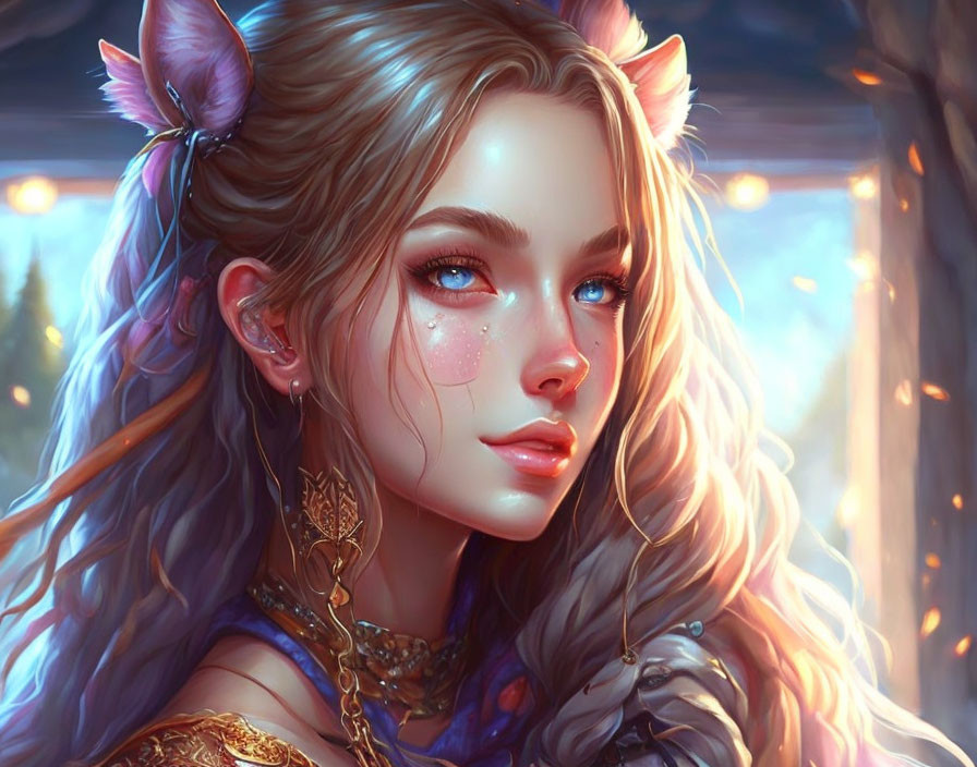 Illustrated female character with feline ears and blue eyes in ethereal outdoor scene