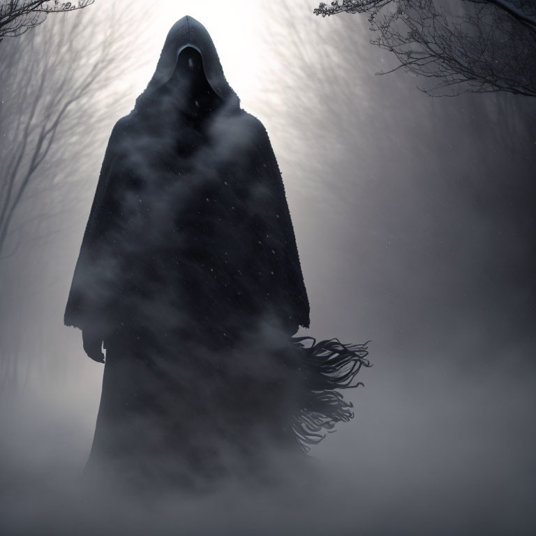 Hooded Figure in Misty Forest Setting