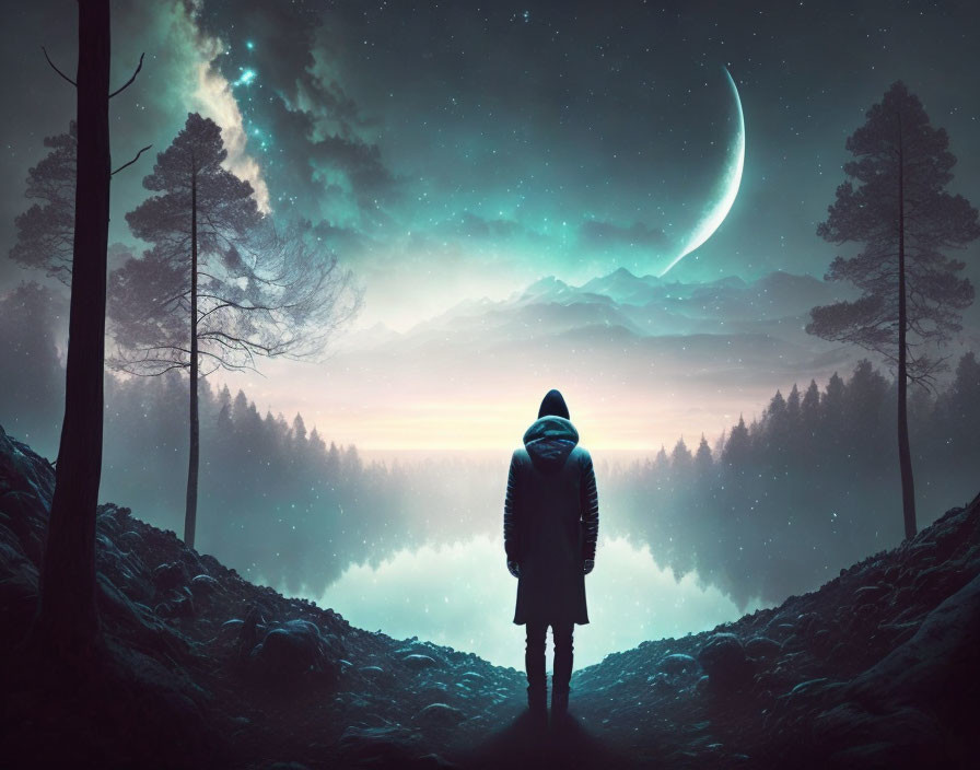 Person gazes at crescent moon in surreal misty forest scene