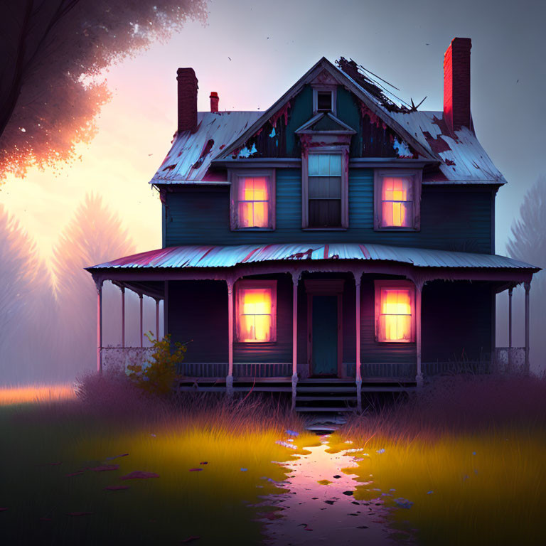 Spooky two-story house in misty twilight ambiance