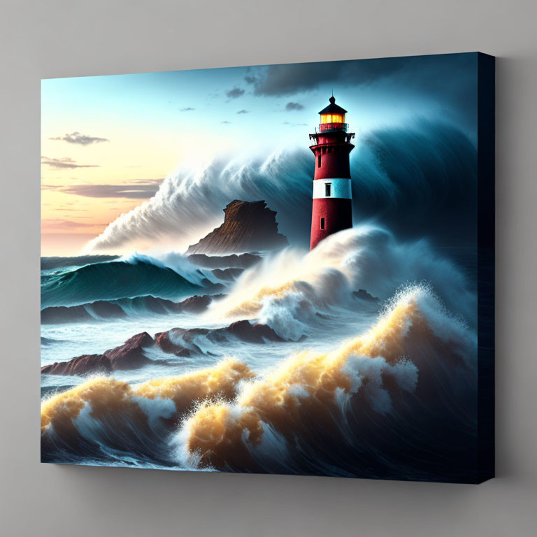 Lighthouse canvas print: beacon, ocean waves, cloudy sky at dusk