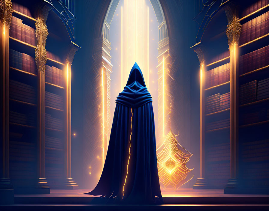 Cloaked figure in grand library with towering bookshelves and stained-glass window