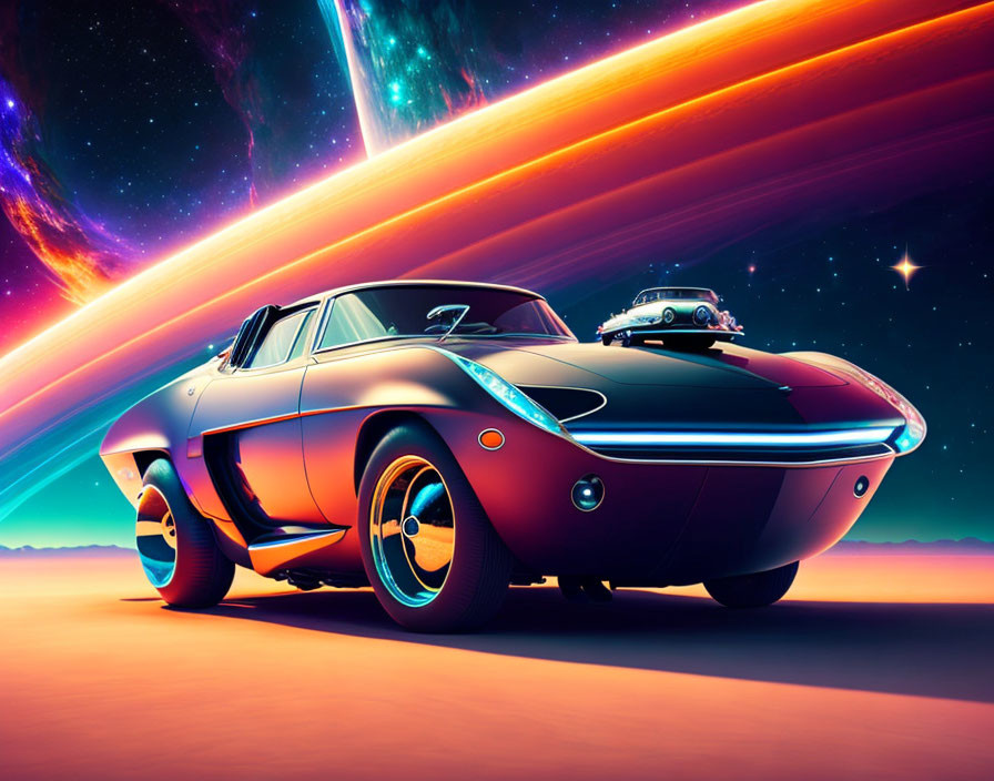 Sleek retro-futuristic car under vibrant cosmic sky