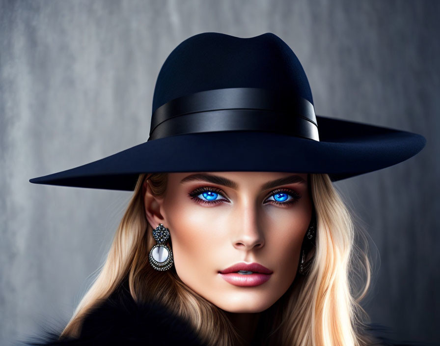 Portrait of a woman with blue eyes in black hat and fur coat