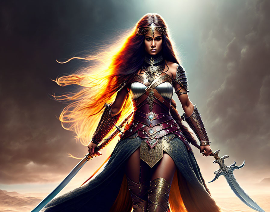 Warrior woman with fiery hair in detailed armor wields sword under dramatic sky