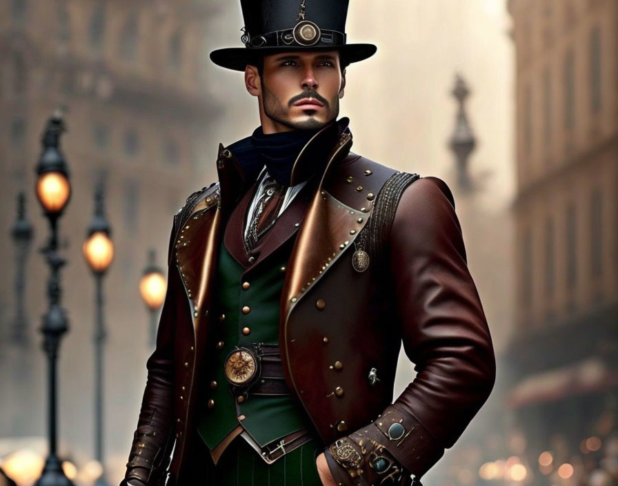 Steampunk-themed man in Victorian-era attire with top hat and goggles