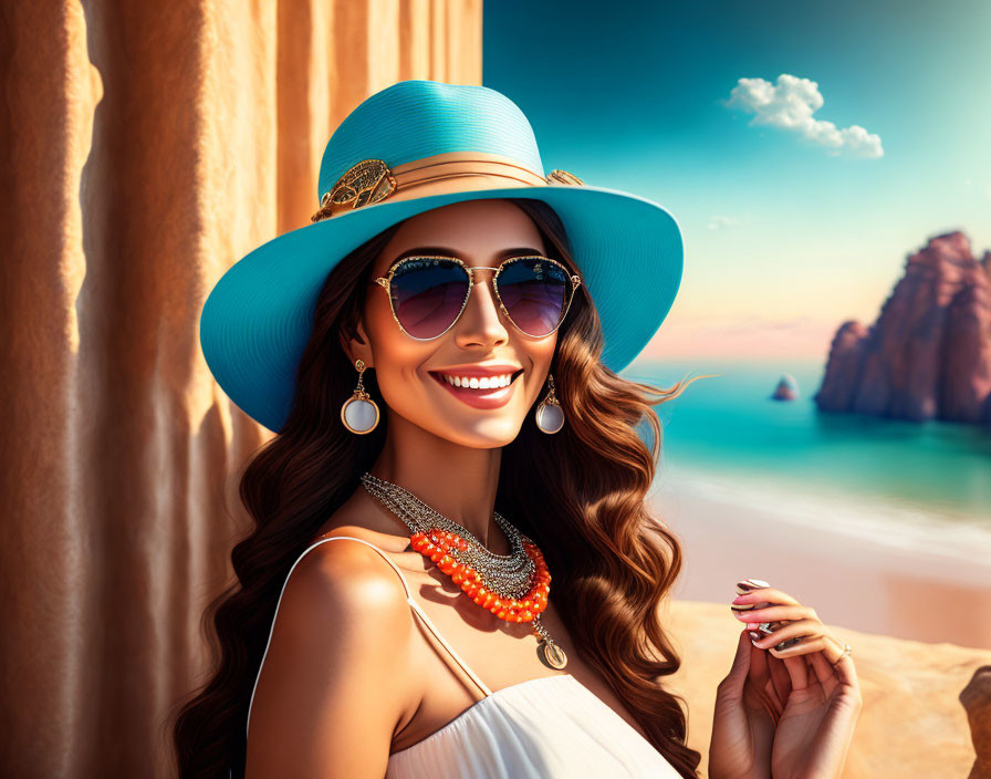 Smiling woman with sunglasses and blue hat by seaside cliff