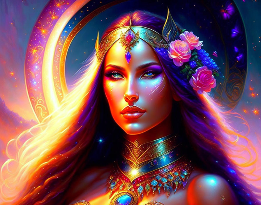 Colorful Fantasy Artwork: Woman with Glowing Features, Floral & Jeweled Accents, Cosmic