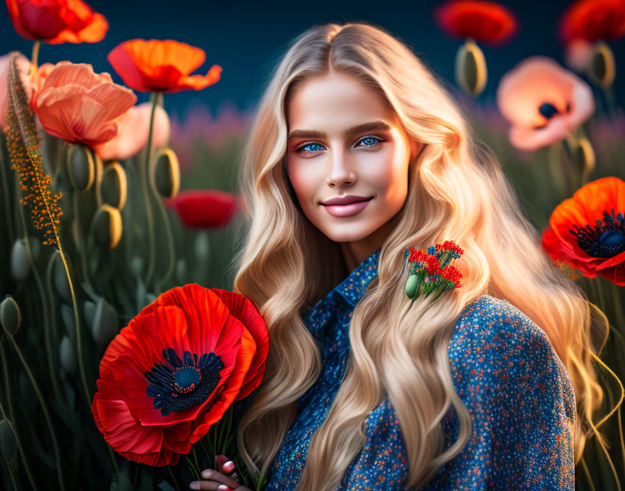 Blonde woman smiling in red poppy field with blue background