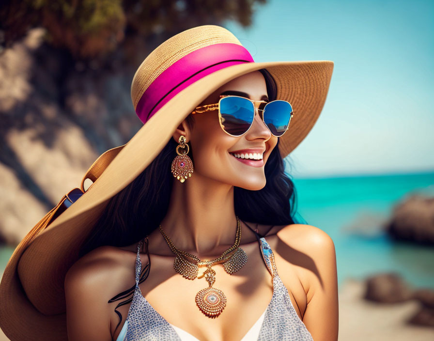 Smiling woman in sunhat and sunglasses at beach setting