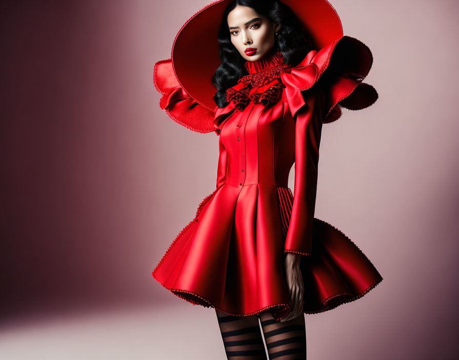 Woman in Bold Red Dress and Hat with Dramatic Ruffles and Cinched Waist on Pink Background