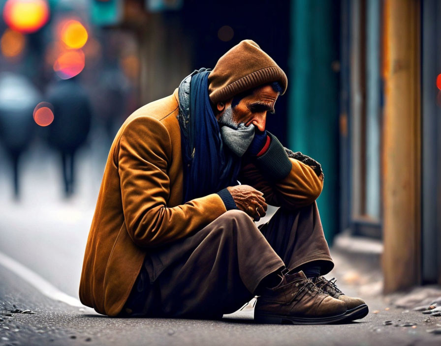 Man in Brown Coat and Hat Sitting on City Street Curb