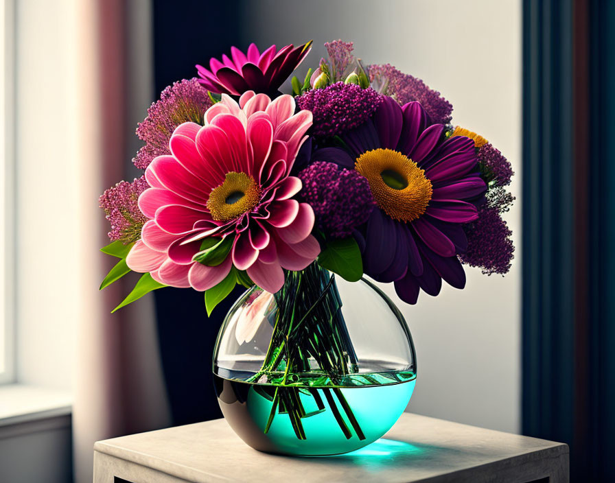 Colorful Pink and Purple Flower Bouquet in Glass Vase on Wooden Table