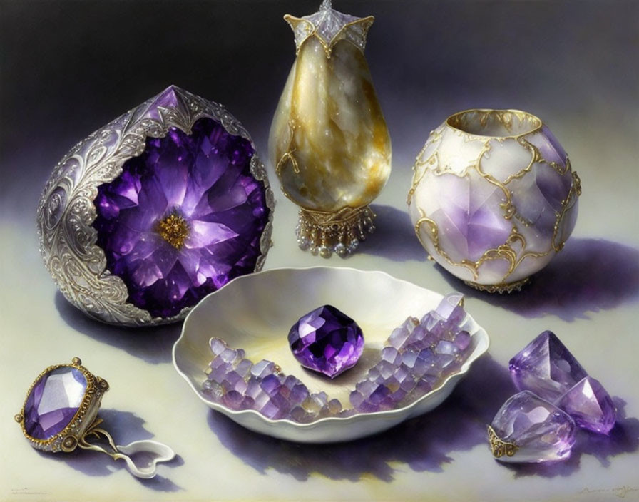 Ornate gemstone objects: large purple geode, pearlescent shell, glass bowl with