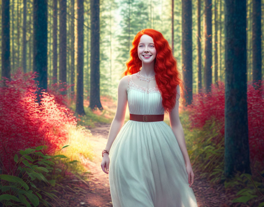 Red-haired woman in cream dress strolling through sunlit forest path