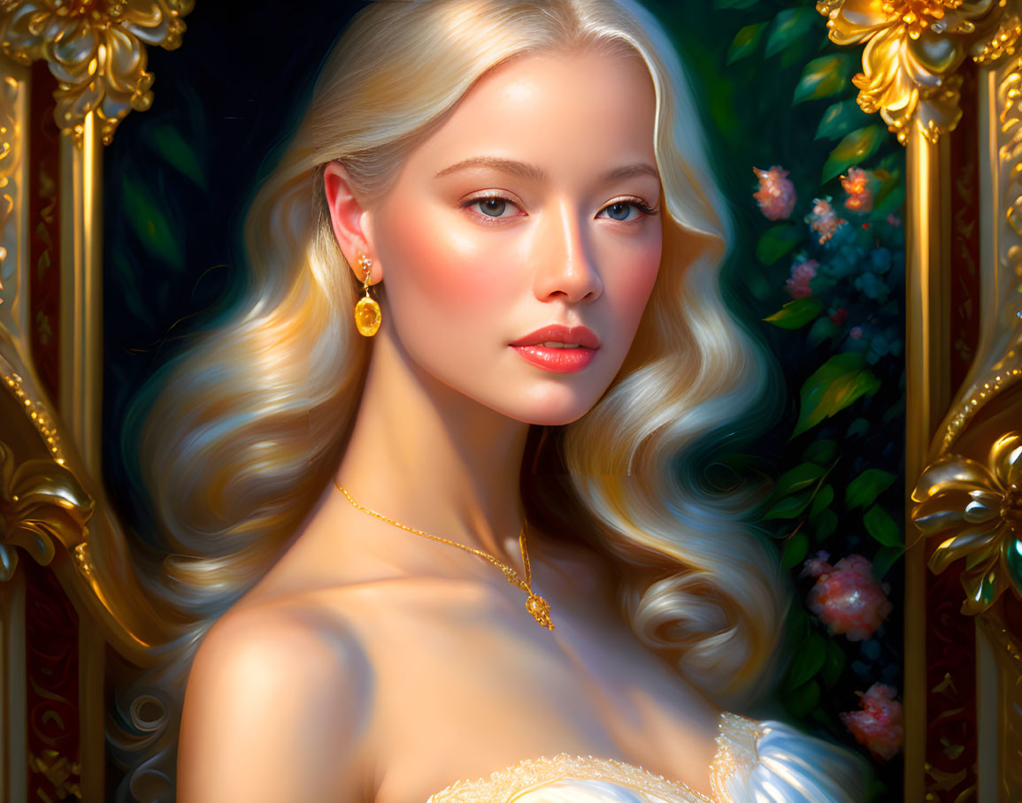 Portrait of woman with golden blonde hair and gold jewelry on floral background