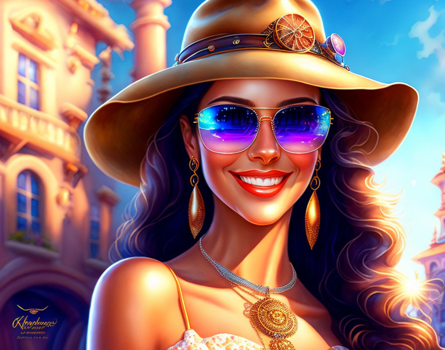 Colorful illustration: Smiling woman in hat and sunglasses with castle reflection, stylish jewelry, sunny sky