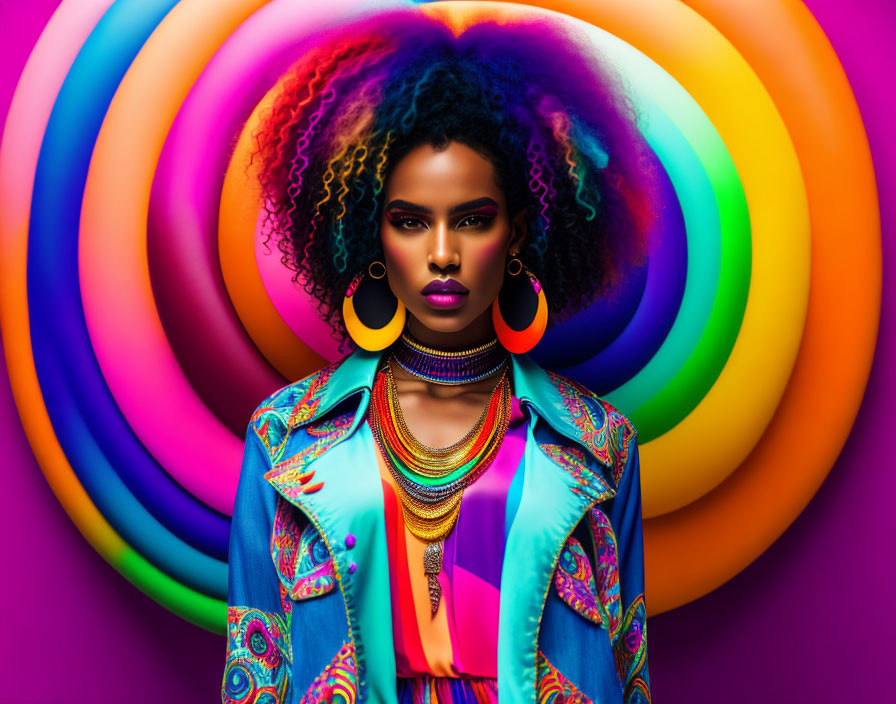 Colorful swirl background with woman in vivid makeup and curly hair.