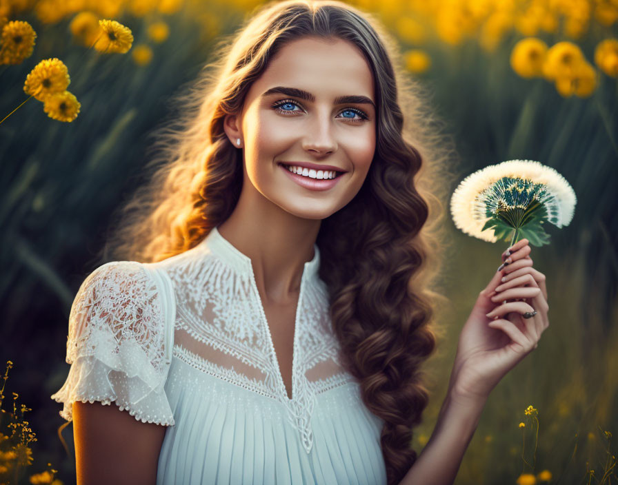 Woman with blue eyes holding dandelion in sunlit flower field