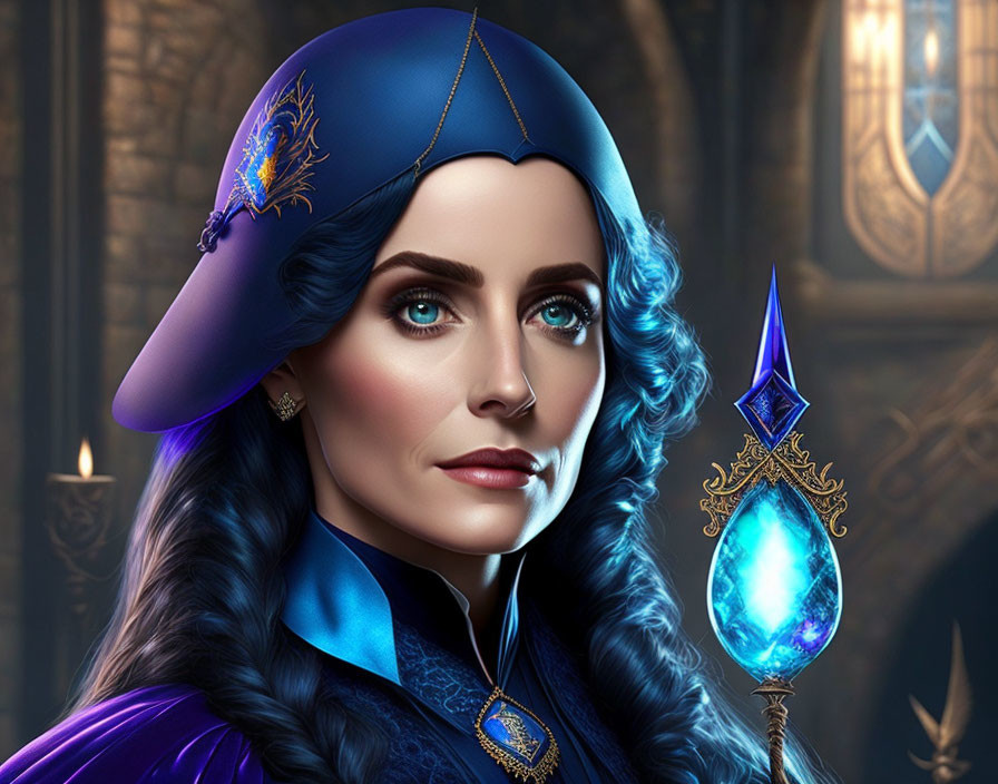 Digital artwork of a woman in blue medieval attire with golden embroidery, holding a glowing crystal scepter