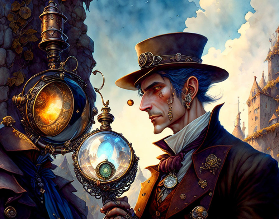 Steampunk gentleman in high-collared coat and top hat with glowing mechanical device