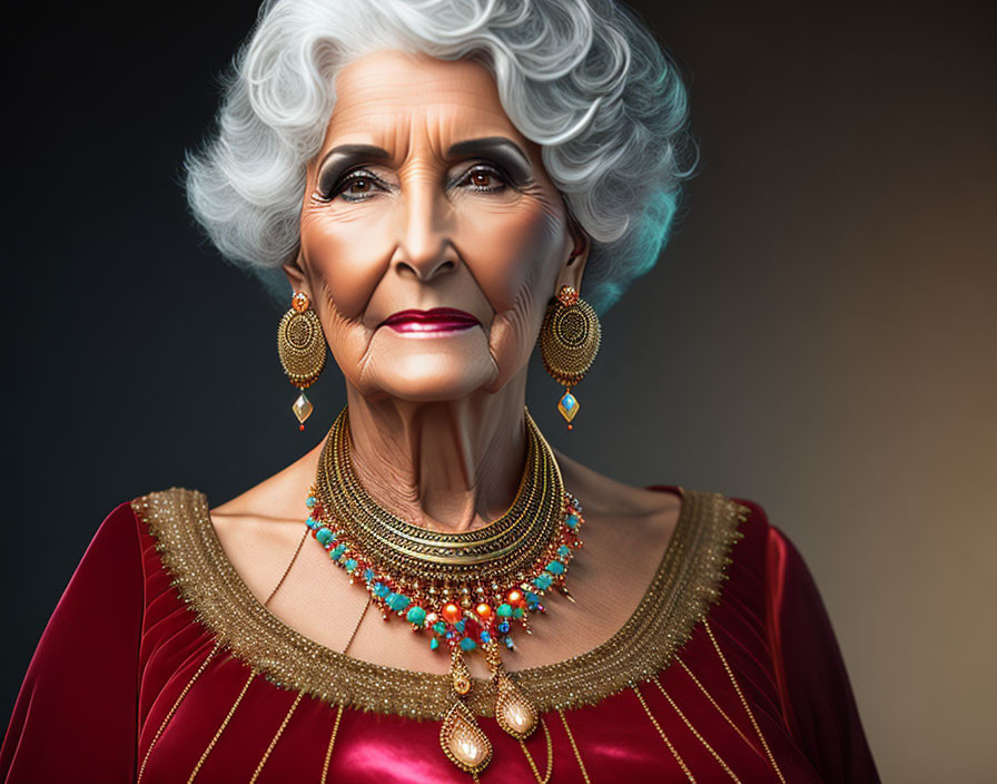 Elderly Woman in Red Outfit with White Hair and Gold Accessories