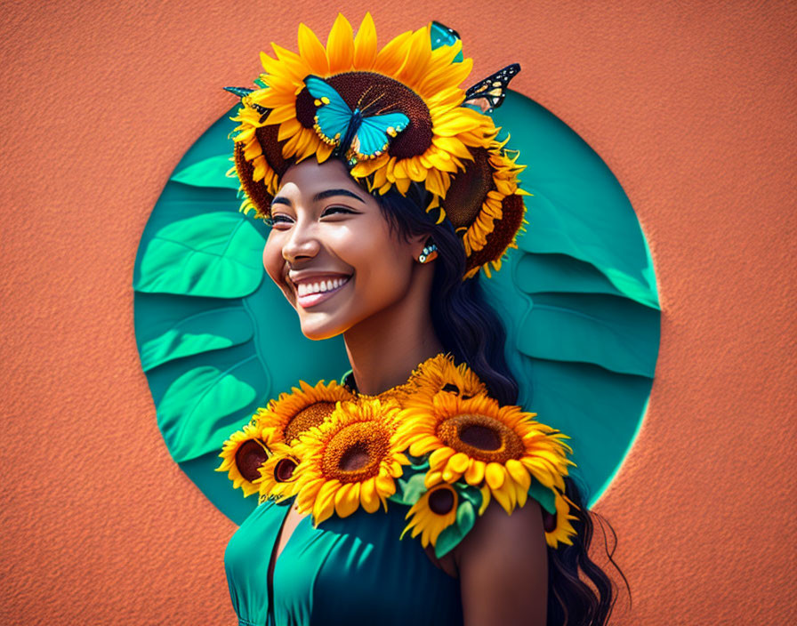 Colorful Woman with Sunflower Headpiece and Butterflies on Orange Background