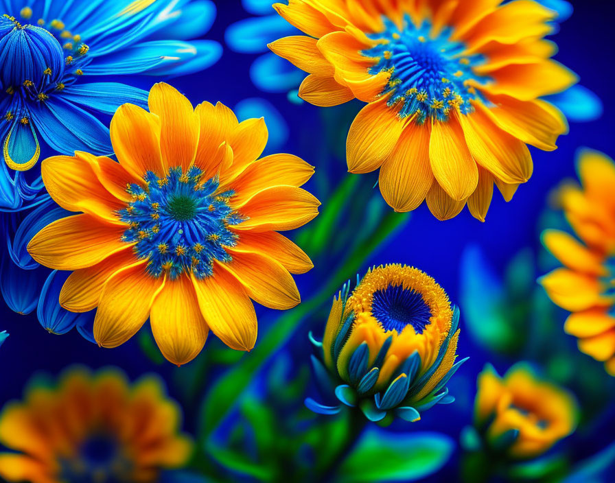 Detailed Orange and Blue Flower Art on Deep Blue Background