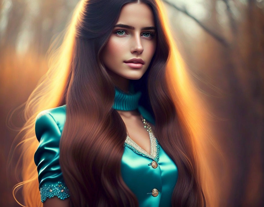 Woman with long brown hair in turquoise dress in autumnal setting