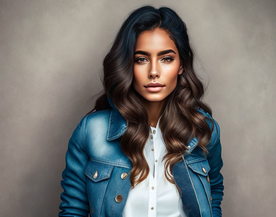 Woman with Voluminous Wavy Brown Hair and Striking Makeup in Blue Denim Jacket