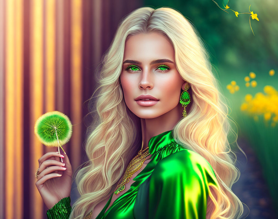 Digital portrait of woman with green eyes, blonde hair, holding dandelion, in shiny green dress