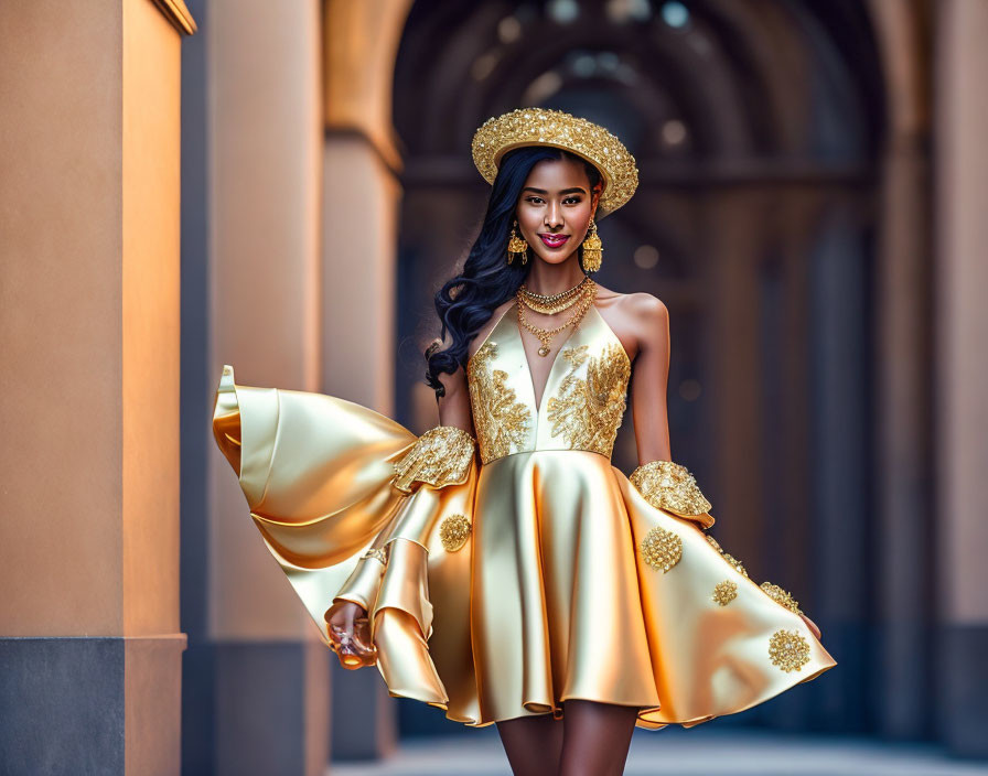 Graceful woman in gold dress twirls amidst urban architecture