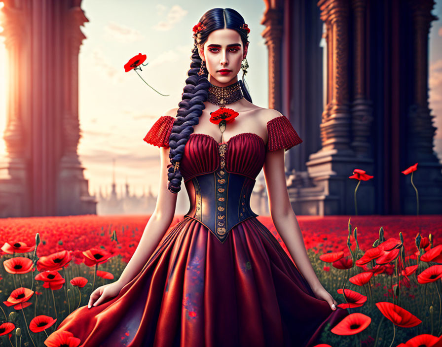 Woman in corset dress with long braid among poppy flowers at sunset