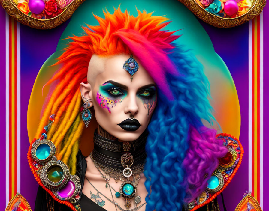 Colorful Rainbow Mohawk and Gothic Attire Portrait on Vibrant Background