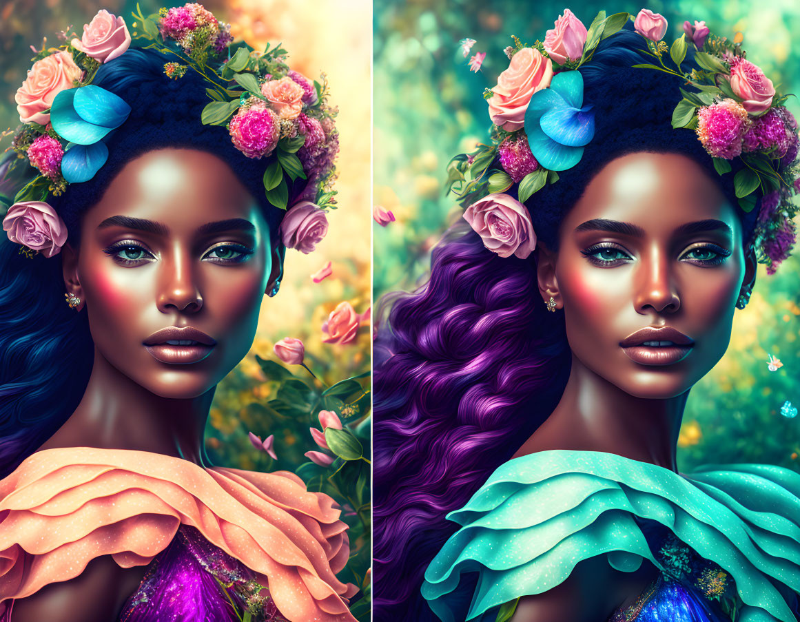 Colorful digital artwork of a woman with flower-adorned hair and ruffled clothing on floral backdrop