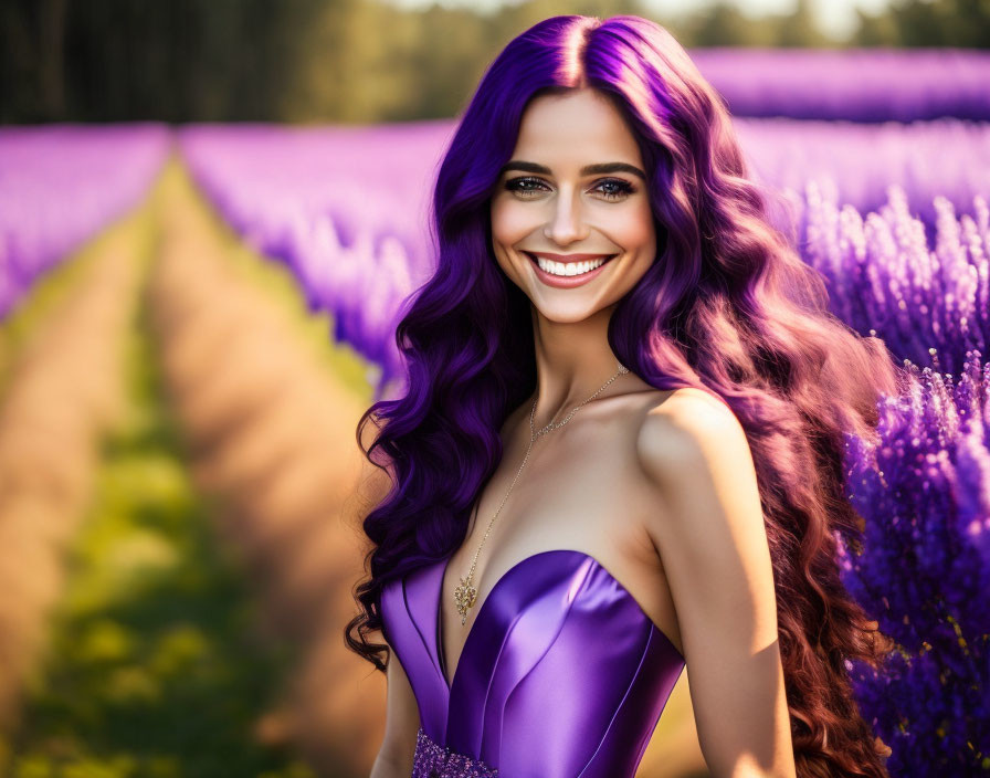 Vibrant purple-haired woman in matching dress in lush lavender field