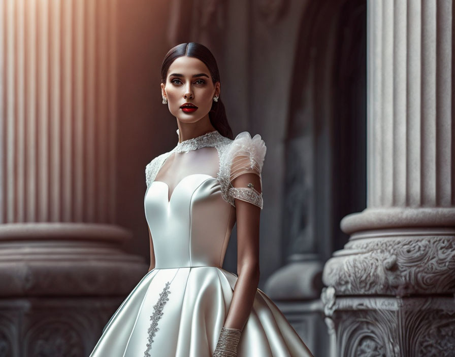 Sophisticated woman in white gown by classical architecture