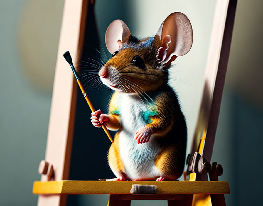 Anthropomorphic mouse painting with a brush on easel