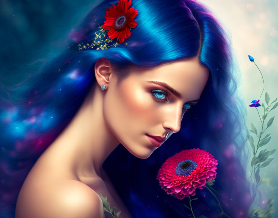 Vibrant blue hair woman with red flowers and butterflies in cosmic scene