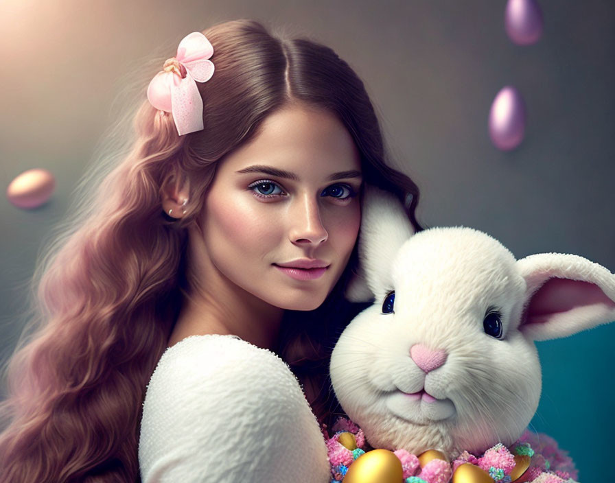 Woman with Long Wavy Hair and Flower, Bunny, Easter Eggs in Colorful Scene