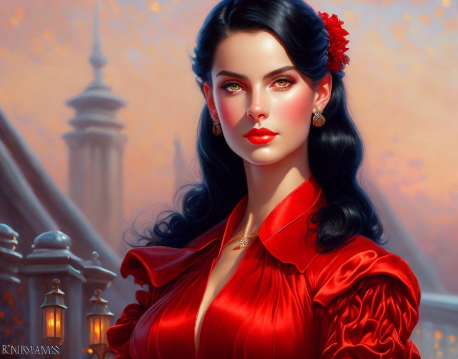 Digital artwork: Woman with dark hair and red flower in red blouse, blurred background of buildings and glowing