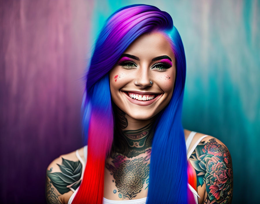 Colorful portrait of woman with piercings, tattoos, and vibrant hair on teal background