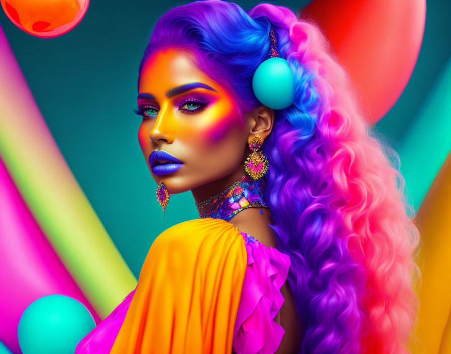 Vibrant blue and purple makeup woman in neon lights.