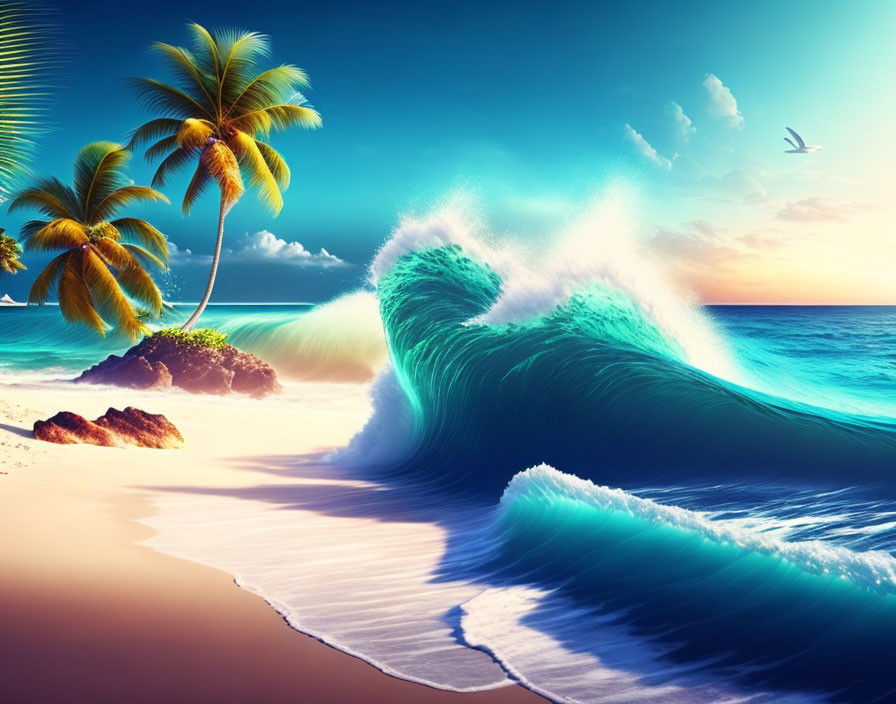 Tropical Beach Scene with Palm Trees and Turquoise Wave