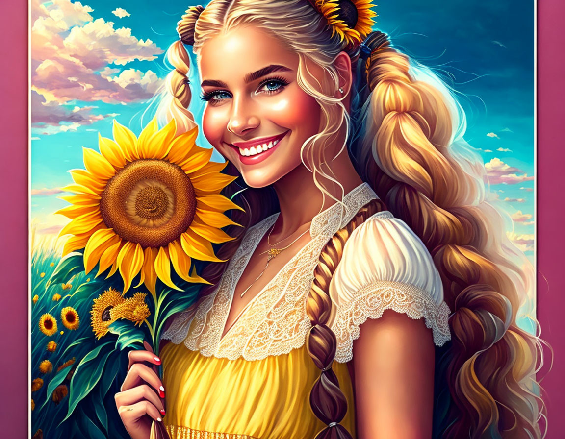 Blonde Woman with Sunflower in Sunflower Field