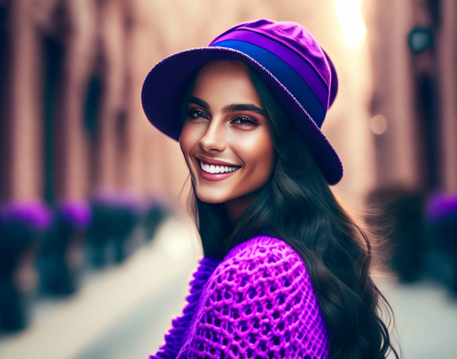 Smiling woman in purple hat and sweater by building with blurred flowers