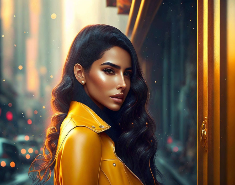 Dark-haired woman in yellow jacket gazes at cityscape in digital artwork