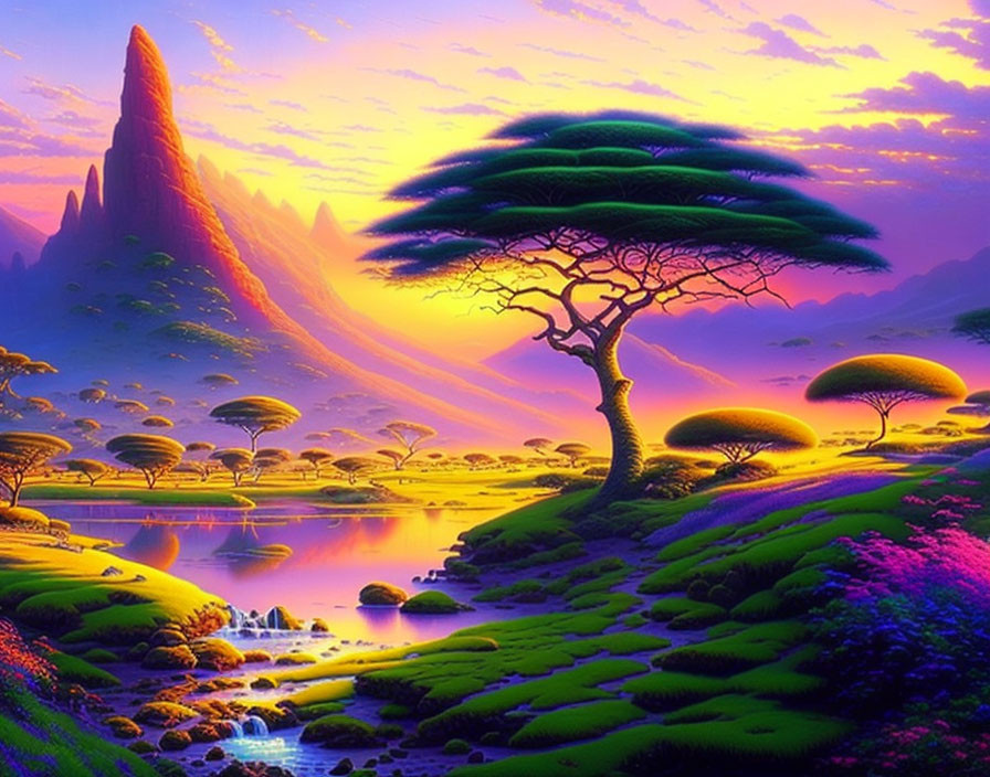 Colorful Fantasy Landscape with River, Trees, and Mountain